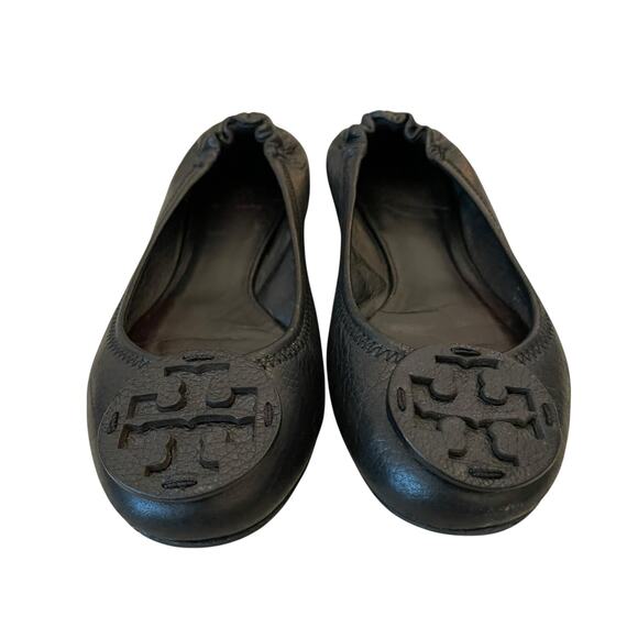 TORY BURCH Reva Scrunch Black Leather Ballet Flats Logo Women's Size US 8 - Picture 6 of 13